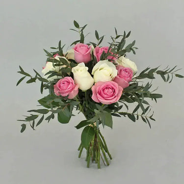 Soothing White Roses, Pink Roses, Elegant Floral Bliss, Hand-Tied Bouquet,eucalyptus leaves